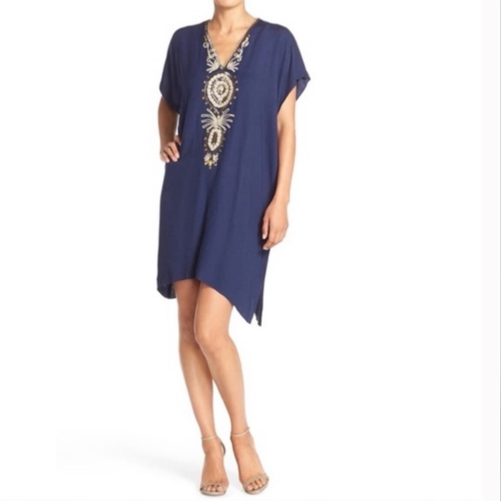 Lilly Pulitzer Chai Gold Navy Blue Gold Embroidered Beaded Caftan Dress Size XXS